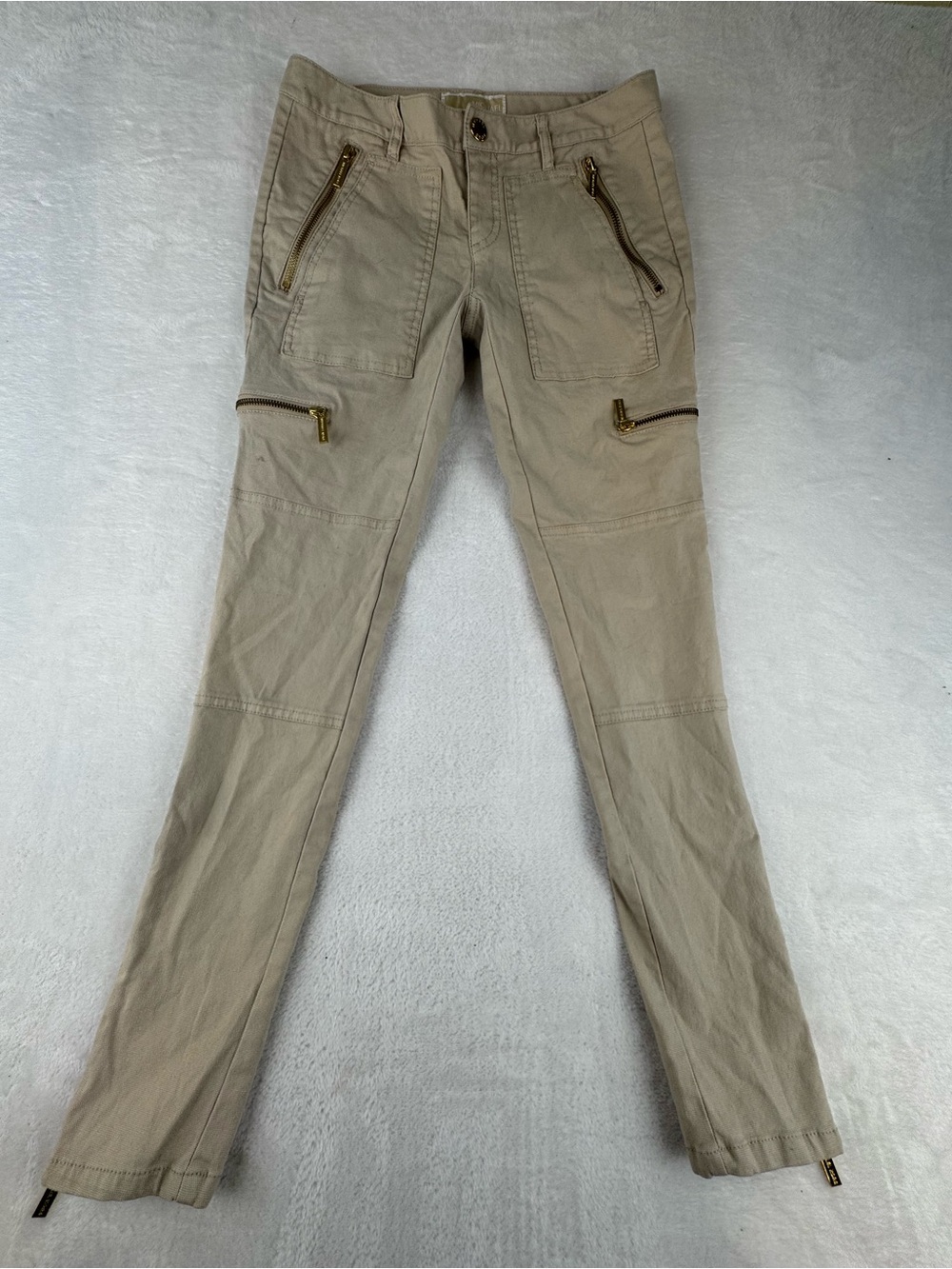 Michael Kors Size 2 Beige Skinny Cargo Pants Gold Zippers Stretch